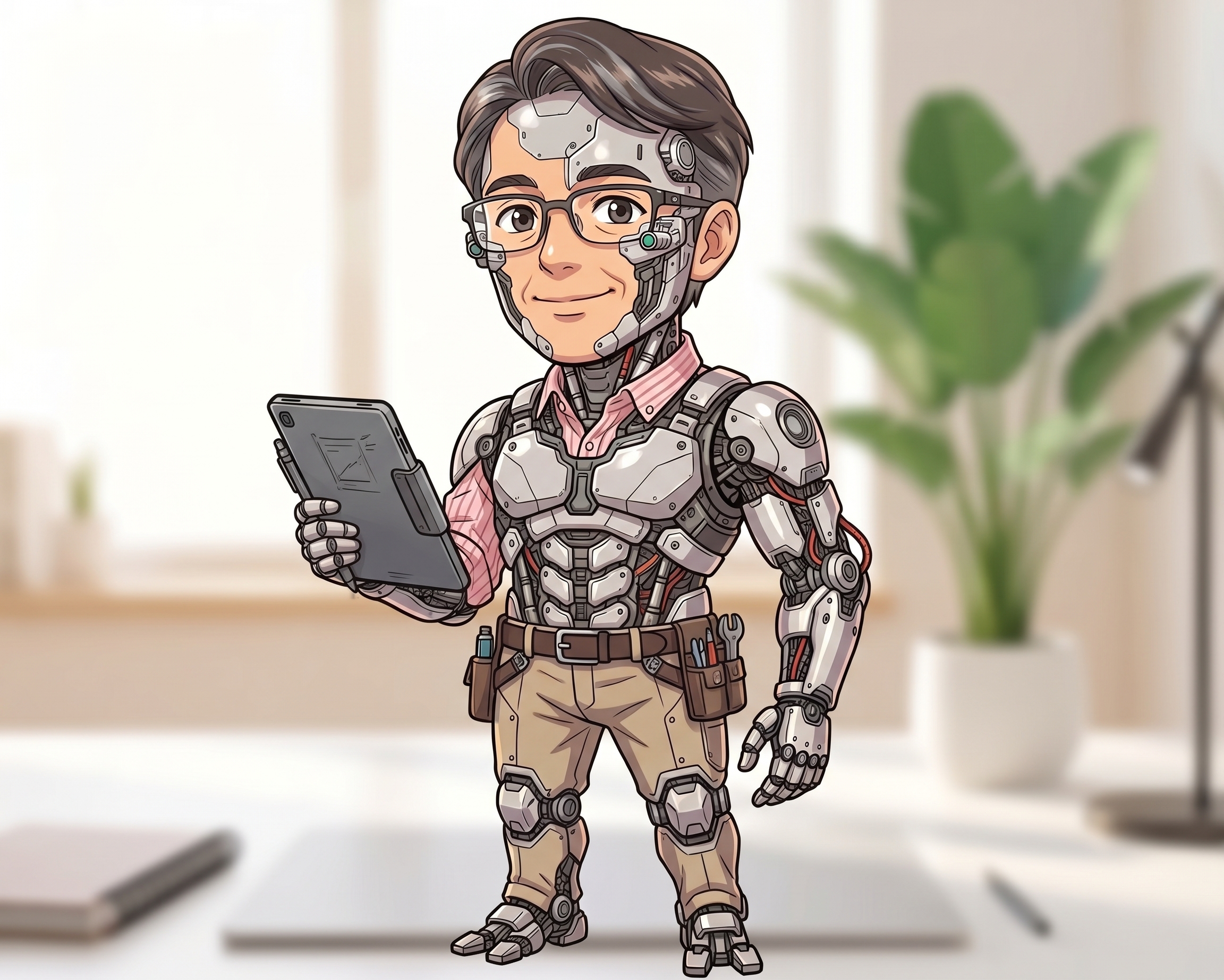 眼鏡をかけ、タブレットを持つロボット姿の講師 yamaのイラスト